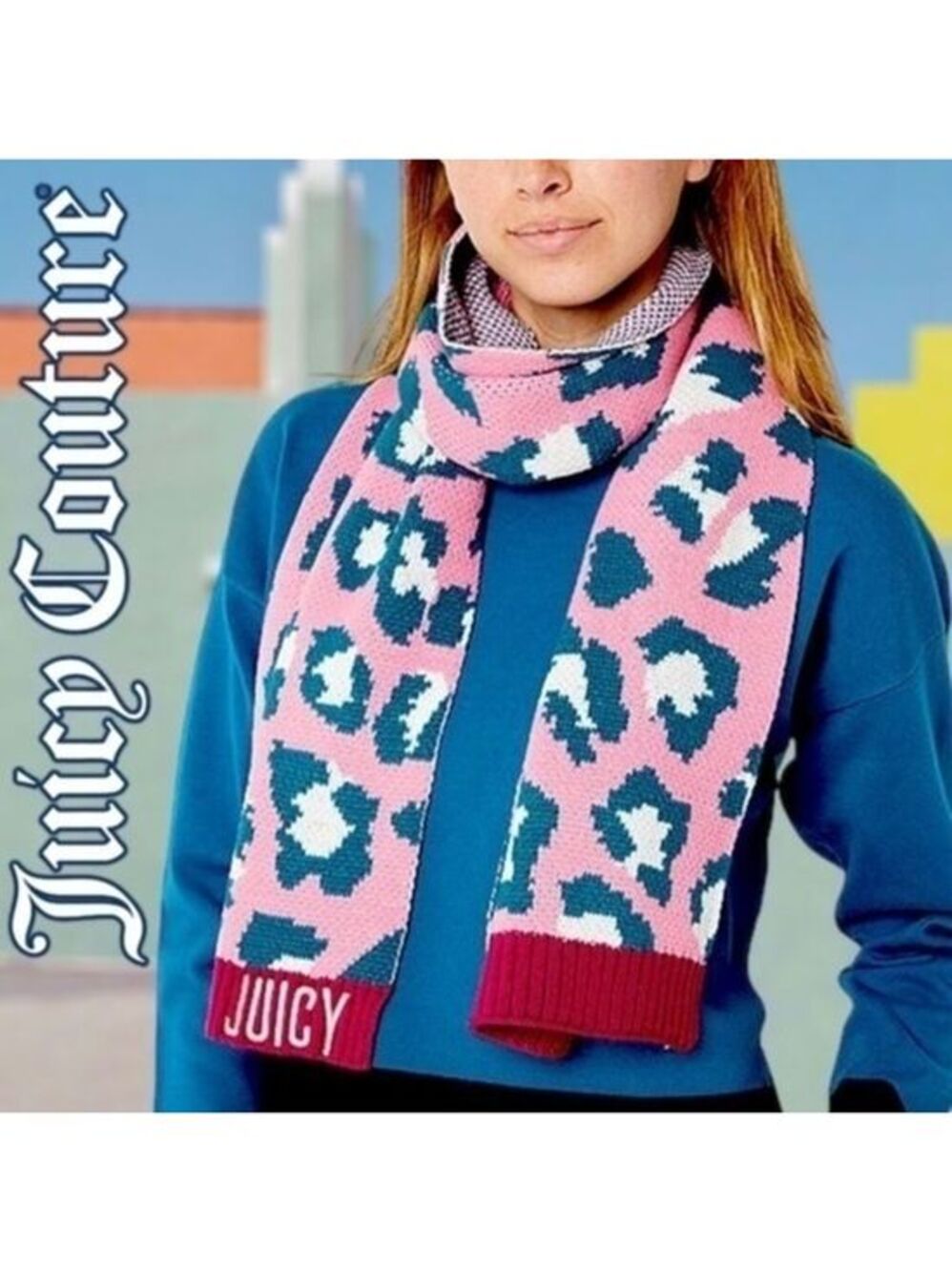 JUICY COUTURE Pink-Teal Animal Print Winter Scarf